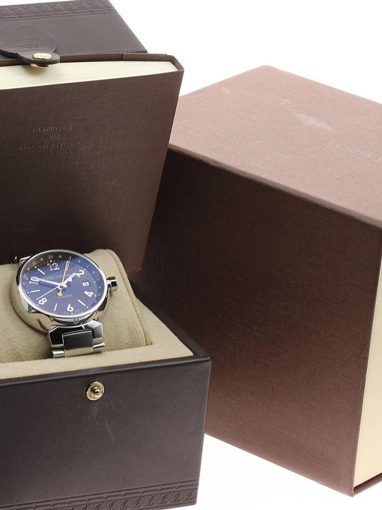Louis Vuitton Tambour Q1131 Gmt Date Brown Dial Automatic Mens Watch
